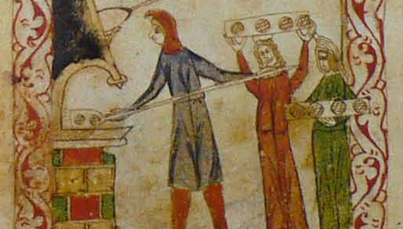 Medieval bakery (Spain, 1st quarter 14th century, London, British Library, Ms.Or.2737, fol. 88r, courtesy of  the British Library